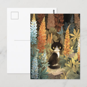 Whimsical Cat Sitting Among Vibrant Lupine Flowers Postcard