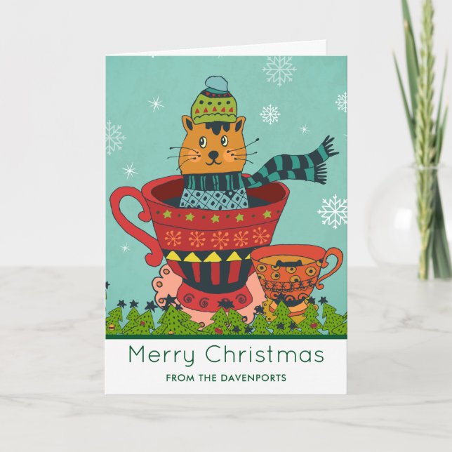 Whimsical Cat Sitting in a Teacup Christmas Card (Front)