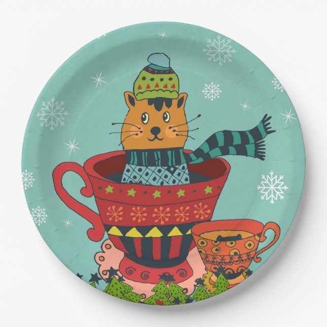 Whimsical Cat Sitting in a Teacup Christmas Paper Plate (Front)