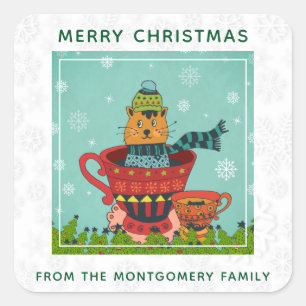 Whimsical Cat Sitting in a Teacup Christmas Square Sticker