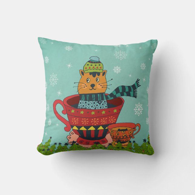 Whimsical Cat Sitting in a Teacup Christmas Throw Pillow (Front)