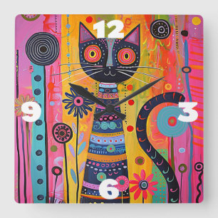 Whimsical Cat Square Wall Clock