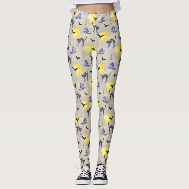 Whimsical Cat & Witch Hat Halloween  Leggings (Front)