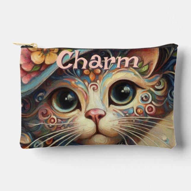 Whimsical Cat with a Hat Floral Personalized Accessory Pouch (Front)
