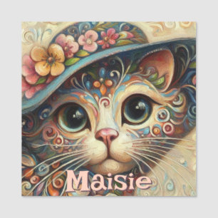 Whimsical Cat with a Hat Floral Personalized Name Tag