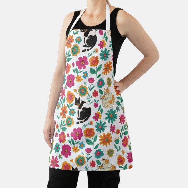 Whimsical Cats and Retro Floral Pattern  Apron (Insitu)
