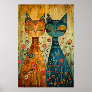 Whimsical Cats in Harmony: Colorful Folk Art Poster