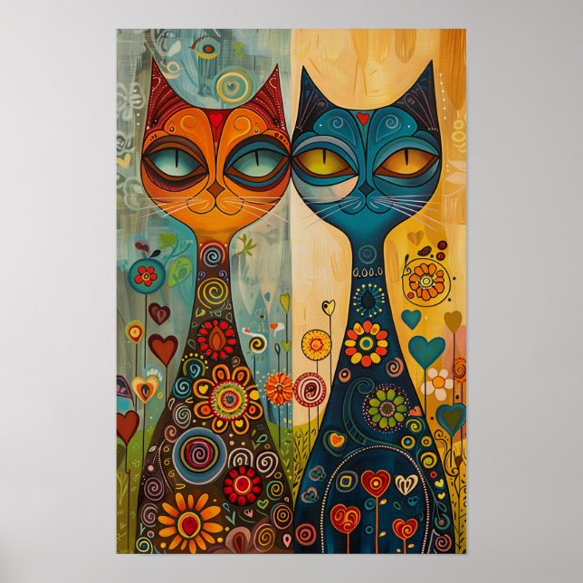 Whimsical Cats in Harmony: Colourful Folk Art Poster (Front)