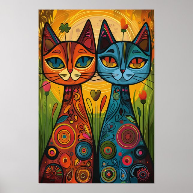 Whimsical Cats in Harmony: Colourful Folk Art Poster (Front)