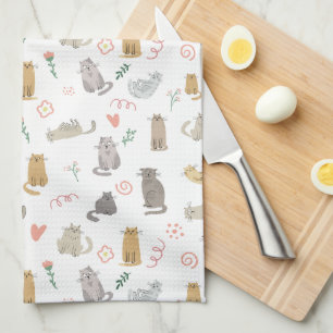 Whimsical Cats Neutral Color Illustration Kitchen Towel