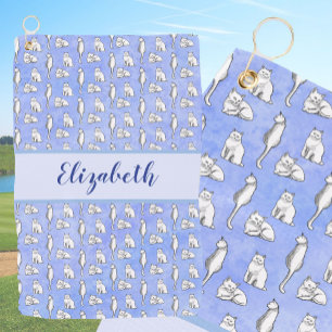 Whimsical cats on blue with custom name ladies golf towel
