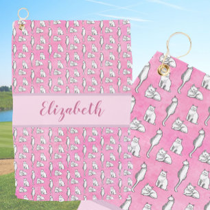 Whimsical cats on pink with custom name ladies  golf towel