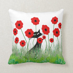 Whimsical Cats Pillow Black Cats and Poppies