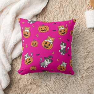 Whimsical Cats & Pumpkins Halloween Throw Pillow