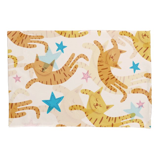 Whimsical Cats & Stars: Kids' Fashion Pattern Pillowcase (Front)