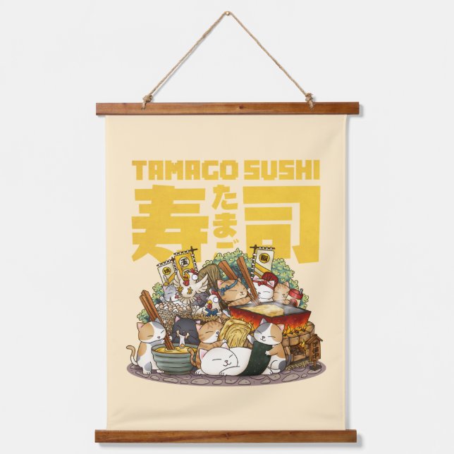 Whimsical Cats Tamago Sushi Workshop Hanging Tapestry (Front)