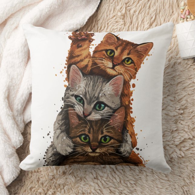 Whimsical Cats Trio: Playful Stacks Throw Pillow (Blanket)