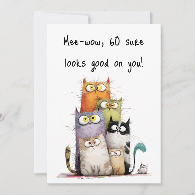 Whimsical Cats with Big Eyes 60th Birthday Flat Card (Front)