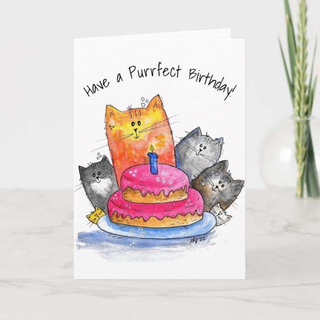 Whimsical Cats with Birthday Cake Card (Front)