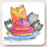 Whimsical Cats with Birthday Cake