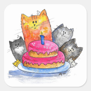 Whimsical Cats with Birthday Cake Square Sticker
