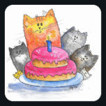 Whimsical Cats with Birthday Cake Square Sticker<br><div class="desc">This is an original mixed media painting of six whimsical cats with a birthday cake.</div>