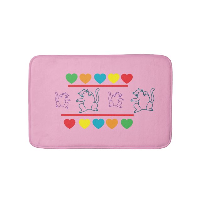 Whimsical Cats with Rainbow Hearts Bath Mat (Front)