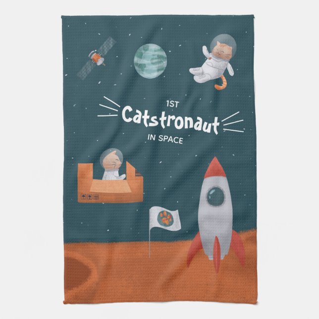 Whimsical Catstronaut in Space, Cats on Mars, Fun Kitchen Towel (Vertical)