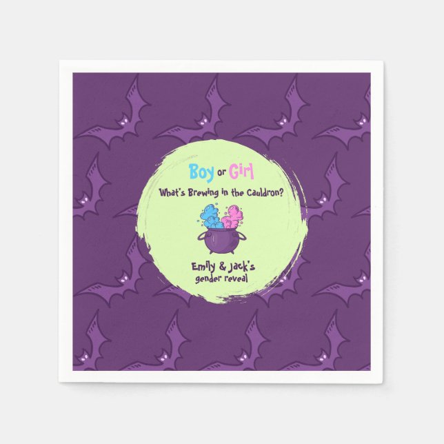 Whimsical Cauldron “Girl or Boy?” Gender Reveal Napkin (Front)