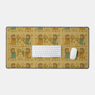 Whimsical Caveman Gamer with Pixelated Tools Desk Mat