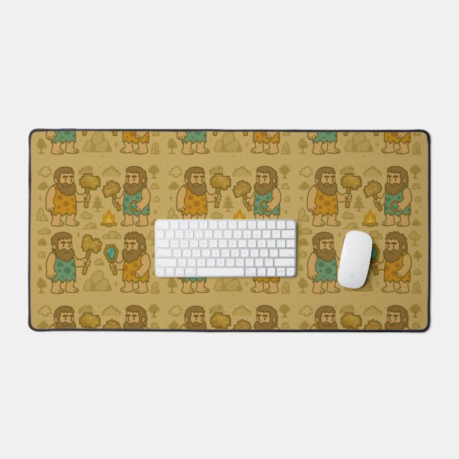 Whimsical Caveman Gamer with Pixelated Tools Desk Mat (Keyboard & Mouse)
