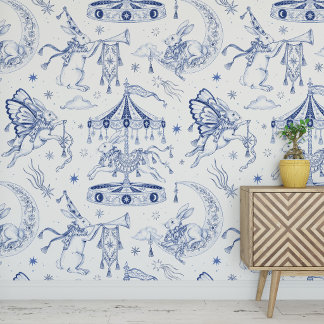 Whimsical Celestial Bunny Blue Toile de Jouy Wallpaper