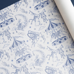 Whimsical Celestial Bunny Blue Toile de Jouy Wrapping Paper