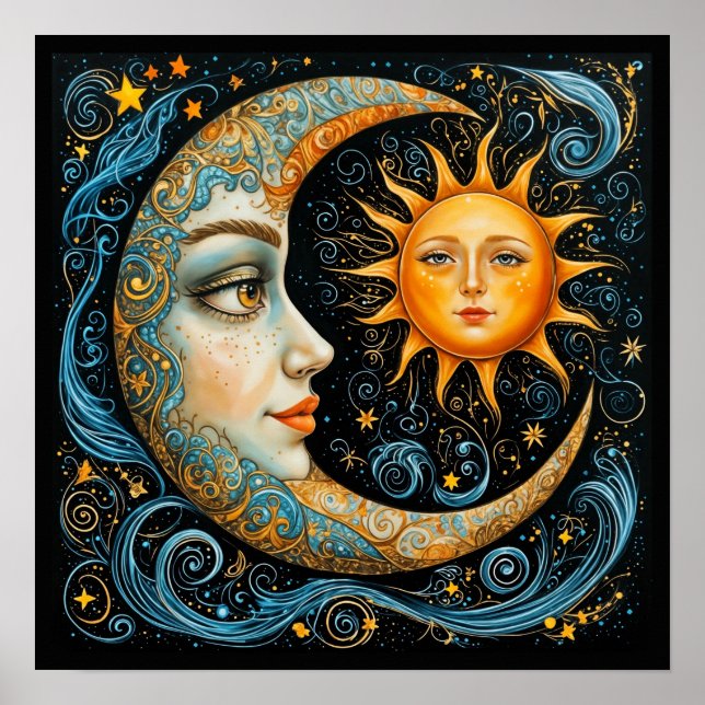 Whimsical Celestial Dream: Moon and Sun. Art Poster (Front)