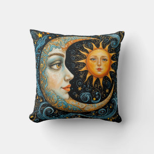 Whimsical Celestial Dream: Moon and Sun. Throw Pillow