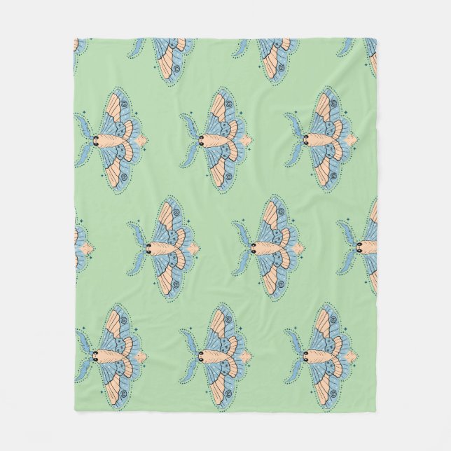 Whimsical Celestial Moth — Soft Blue & Peach Fleece Blanket (Front)