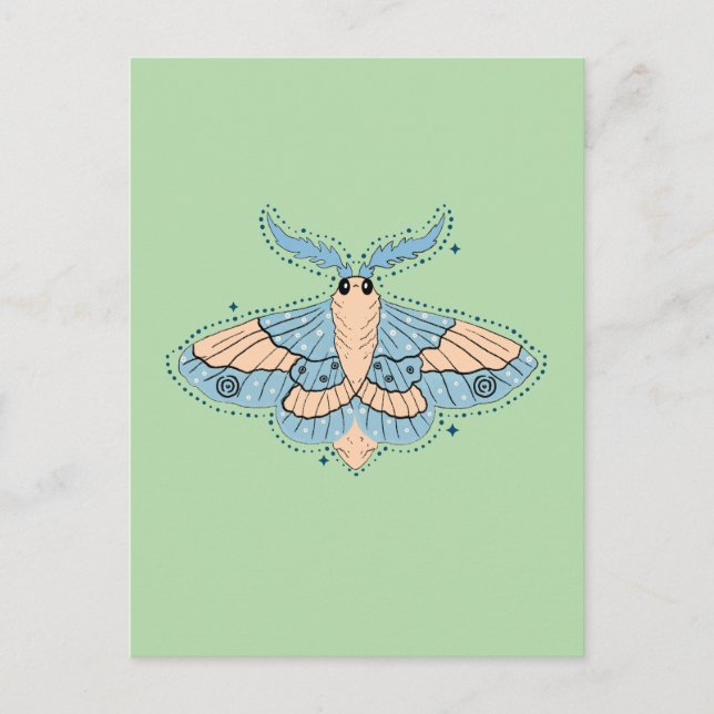 Whimsical Celestial Moth — Soft Blue & Peach Postcard (Front)