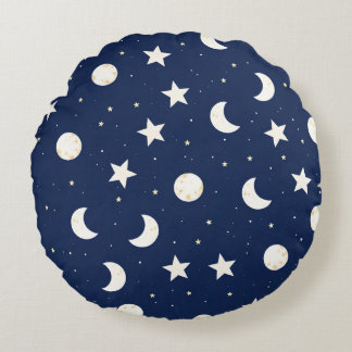 Whimsical Celestial Pattern of Moons and Stars Round Pillow