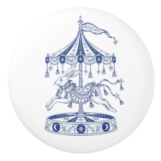 Whimsical Celestial Rabbit Carousel Ceramic Knob (Front)