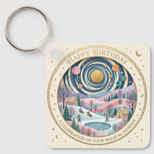 Whimsical Celestial Winter Birthday Spiral Keychain