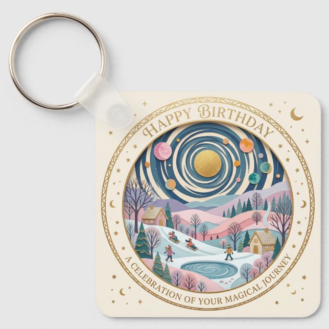 Whimsical Celestial Winter Birthday Spiral Keychain (Front)