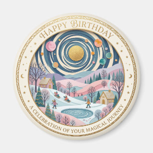 Whimsical Celestial Winter Birthday Spiral Magnet