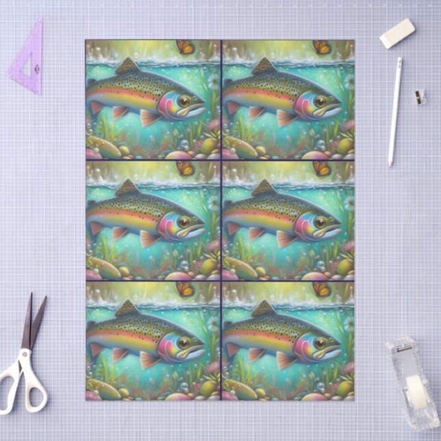 Whimsical Chalk-Pastel Trout Fish Decoupage  Tissue Paper (Craft)