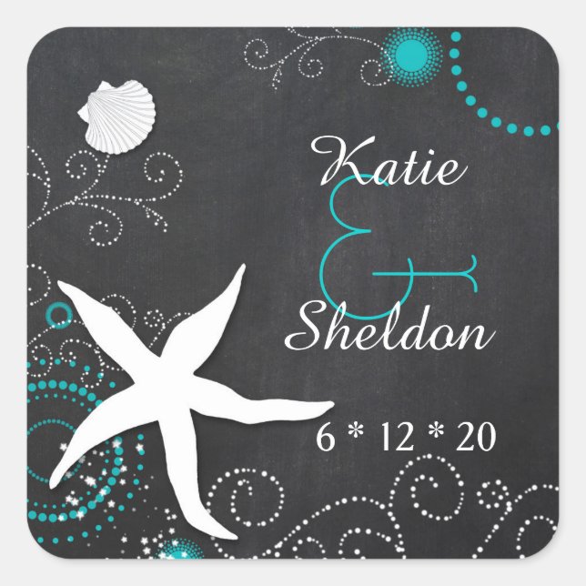 Whimsical Chalkboard Beach Wedding Square Sticker (Front)