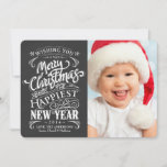 Whimsical Chalkboard Merry Christmas Photo Cards<br><div class="desc">Matching Postage: Rustic pub chalkboard style black background with elegant art deco frame, and retro subway art fancy word typography. Just add your favorite family photo or baby picture and customize the names and year. Click Customize button to change the font size or style to look like handwritten calligraphy signature....</div>