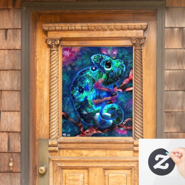 Whimsical Chameleon Abstract Floral Teal Green Window Cling (Home Door)