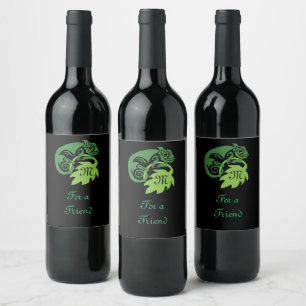 Whimsical Chameleon Climbing on Hops Monogram Wine Label