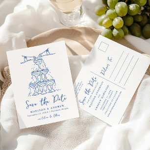 Whimsical Champagne Tower Blue Save the Date Announcement Postcard