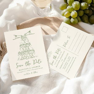 Whimsical Champagne Tower Green Save the Date Announcement Postcard