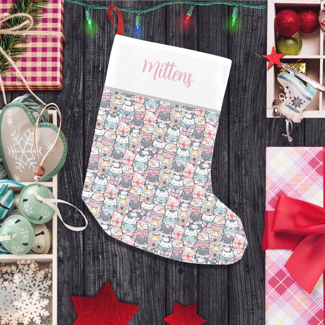 Whimsical Charm Monogrammed Multi-Patterned Cats Small Christmas Stocking (Creator Uploaded)
